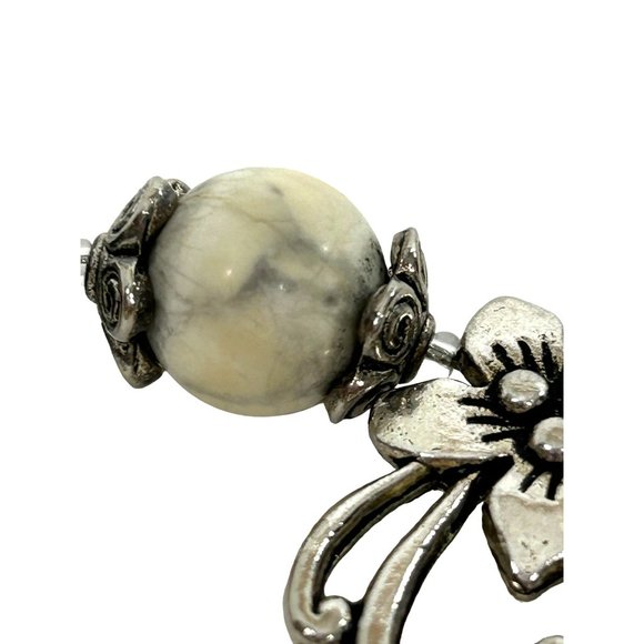 White Howlite Gemstone Beaded Bracelet Handcrafted Silver Tone Floral Grey Whte - Picture 17 of 17